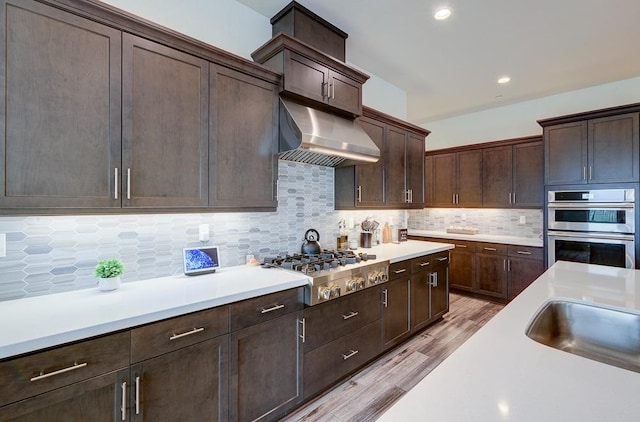 1048 Sawtooth Way S, Madera, CA 93636 - kitchen with appliances with stainless steel finishes, under cabinet range hood, light countertops, light wood-style flooring, and recessed lighting