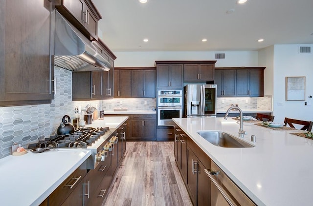 1048 Sawtooth Way S, Madera, CA 93636 - kitchen featuring appliances with stainless steel finishes, a sink, light countertops, light wood-style floors, and tasteful backsplash