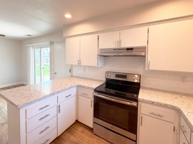 kitchen featuring stainless steel range with electric stovetop, white cabinets, under cabinet range hood, and a peninsula