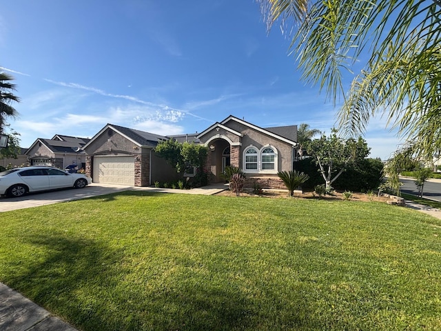 2136 Florence Ave, Sanger, CA 93657 - ranch-style house featuring stucco siding, a front yard, brick siding, an attached garage, and driveway