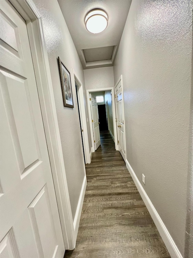 corridor featuring baseboards, dark wood finished floors, and a textured wall