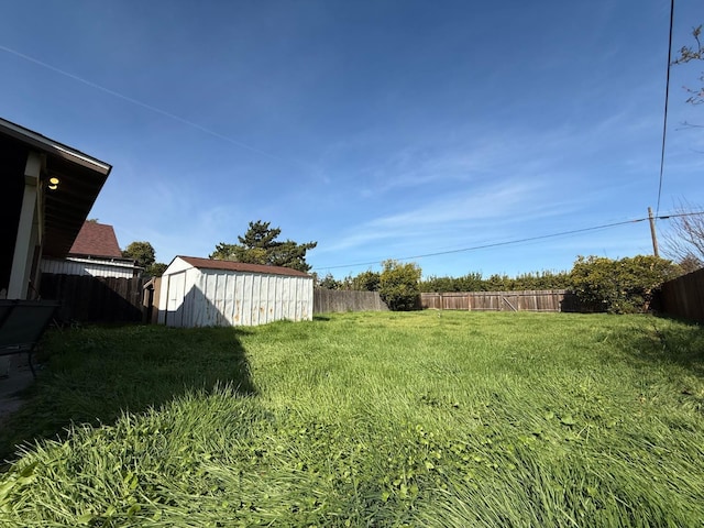 view of yard featuring a fenced backyard, a storage unit, and an outdoor structure