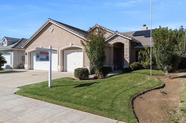 view of front of home with concrete driveway, stone siding, a tile roof, an attached garage, and stucco siding