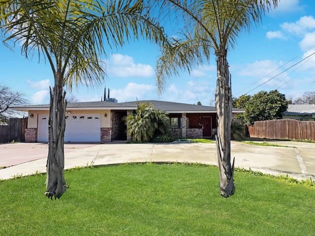 single story home featuring a garage, brick siding, fence, driveway, and a front lawn