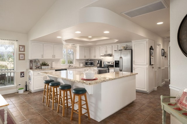 kitchen featuring visible vents, a sink, a tray ceiling, stainless steel appliances, and white cabinets