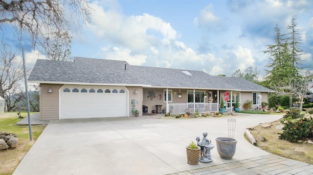 ranch-style home featuring a porch, a shingled roof, driveway, and a garage