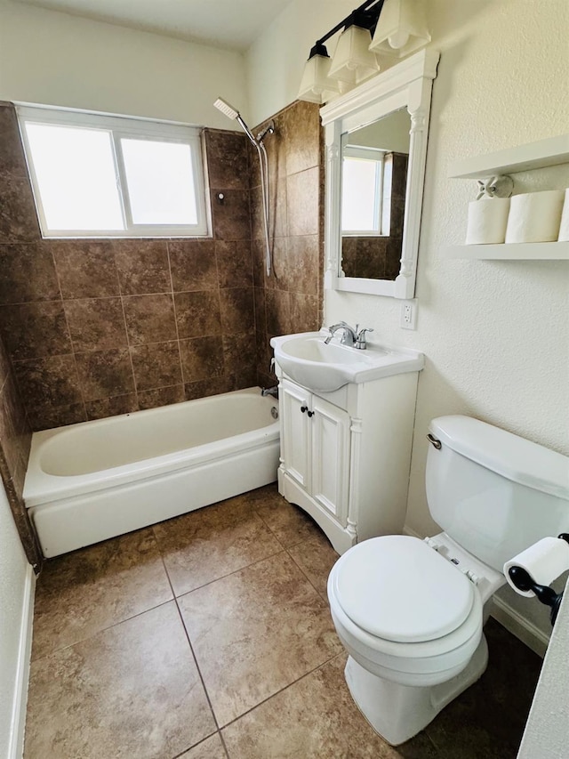 full bath featuring toilet, shower / bathing tub combination, vanity, and tile patterned floors