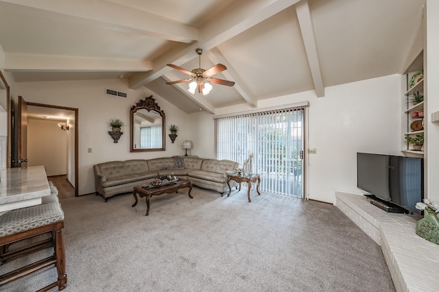 living area with visible vents, light colored carpet, ceiling fan, and lofted ceiling with beams