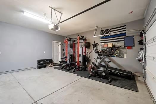 workout room with a garage