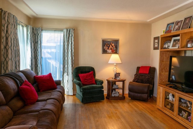 living room with baseboards and wood finished floors