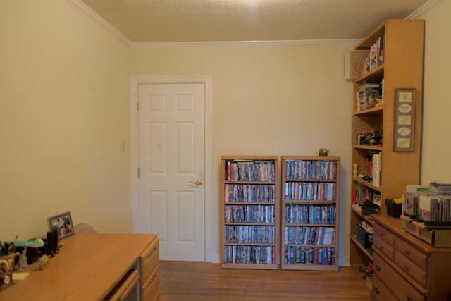 office with ornamental molding and wood finished floors