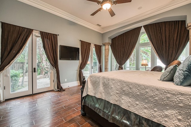 bedroom with access to exterior, dark wood-style floors, crown molding, visible vents, and baseboards