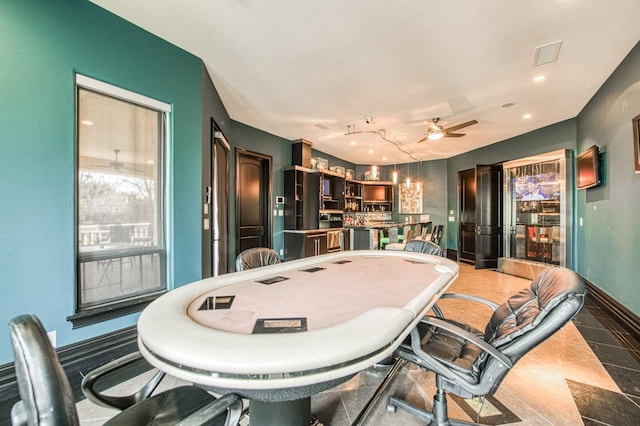 playroom with recessed lighting, visible vents, ceiling fan, and baseboards