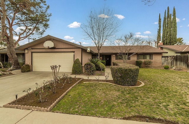 ranch-style house featuring an attached garage, brick siding, fence, driveway, and a front lawn