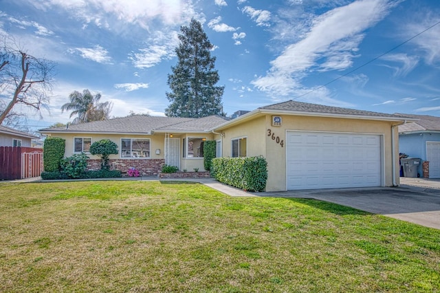 single story home featuring an attached garage, fence, concrete driveway, stucco siding, and a front yard