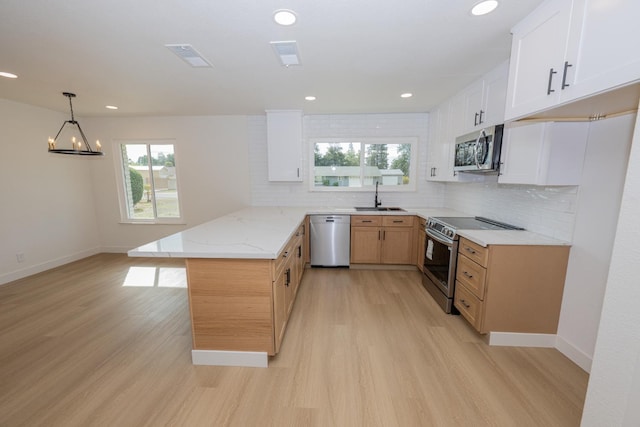 kitchen featuring light stone counters, appliances with stainless steel finishes, white cabinets, a sink, and a peninsula