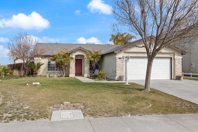 ranch-style house with stucco siding, concrete driveway, an attached garage, a front yard, and fence