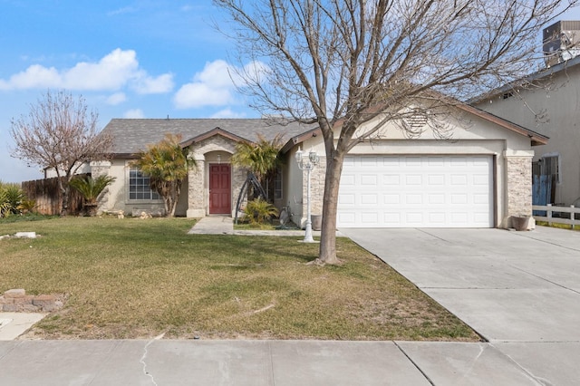 ranch-style home featuring a garage, driveway, a front lawn, and stucco siding