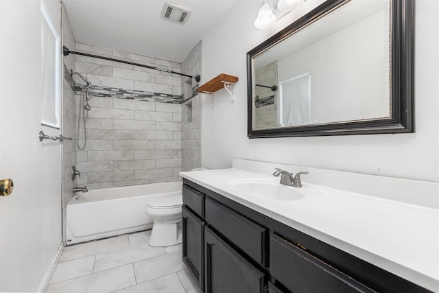 bathroom featuring toilet,  shower combination, vanity, and visible vents