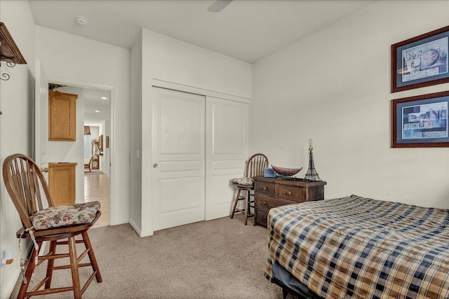 bedroom with a closet and light carpet