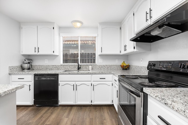 kitchen featuring under cabinet range hood, dishwasher, stainless steel electric range, dark wood-style floors, and a sink