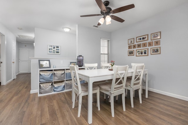 dining room with ceiling fan, wood finished floors, visible vents, and baseboards