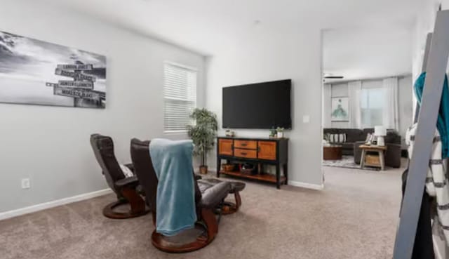 interior space with baseboards, carpet floors, and a healthy amount of sunlight