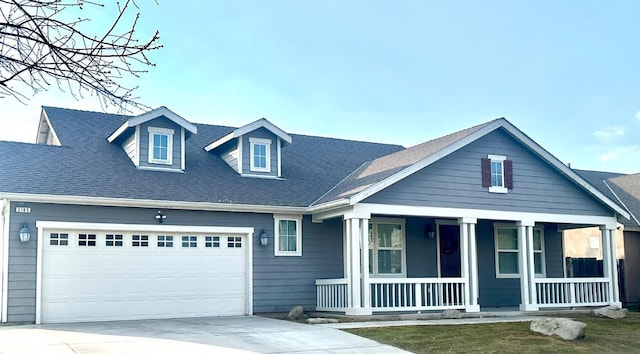 view of front of house featuring covered porch, concrete driveway, roof with shingles, and a garage