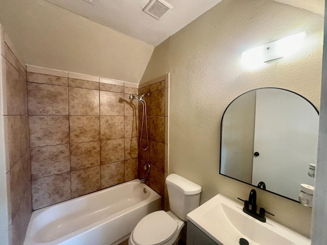 full bath featuring visible vents, a textured wall, toilet, vanity, and  shower combination