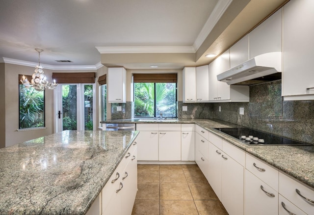 kitchen with ornamental molding, black electric stovetop, white cabinets, and under cabinet range hood