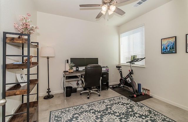 office space with a ceiling fan, visible vents, and baseboards