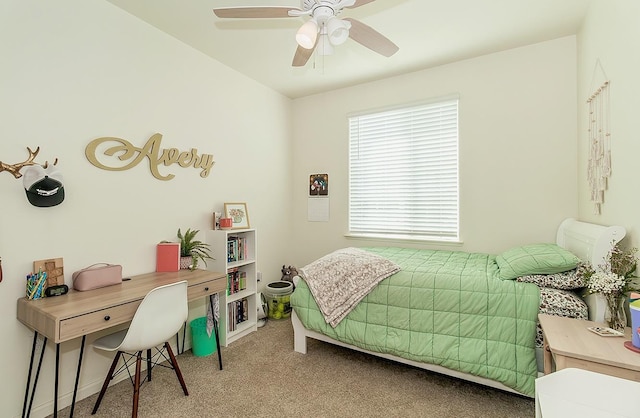 bedroom with ceiling fan and carpet