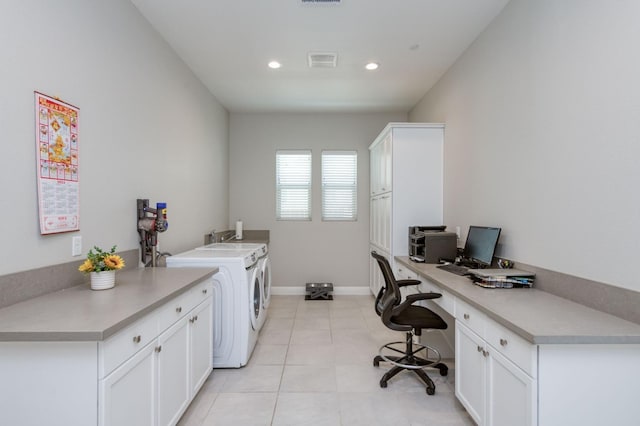 interior space with light tile patterned floors, baseboards, visible vents, separate washer and dryer, and recessed lighting