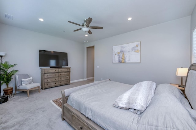 bedroom featuring visible vents, baseboards, light colored carpet, ceiling fan, and recessed lighting