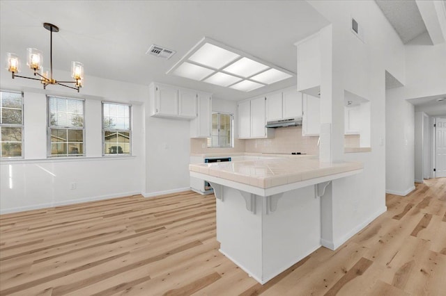 kitchen featuring visible vents, tile counters, white cabinets, a breakfast bar area, and under cabinet range hood