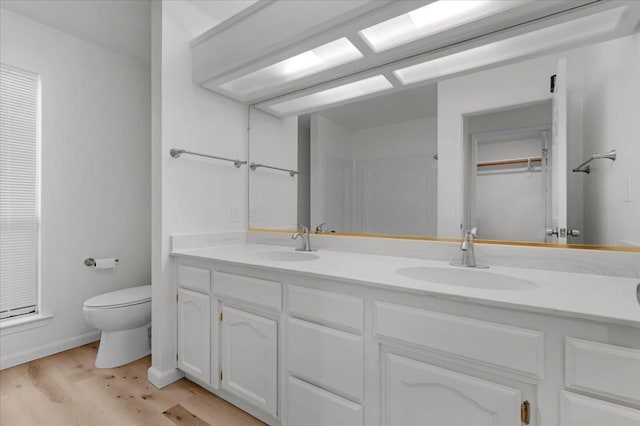 full bathroom with double vanity, wood finished floors, a closet, and a sink