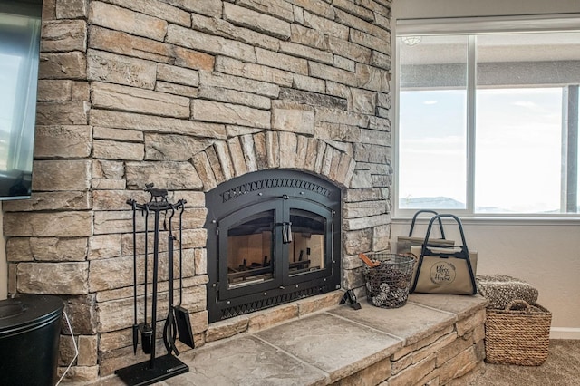 36105 Cressman Rd, Shaver Lake, CA 93664 - detailed view of a fireplace, carpet floors, and baseboards