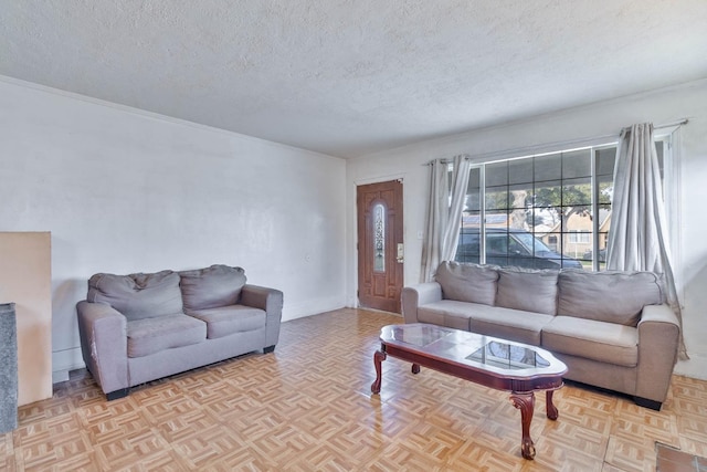 living area featuring baseboards and a textured ceiling