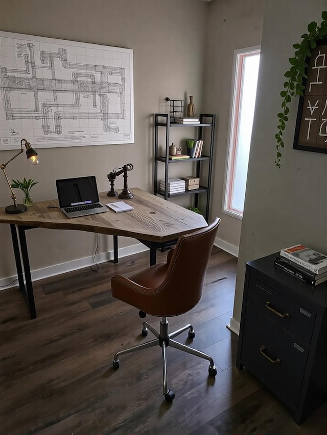 office featuring dark wood finished floors and baseboards