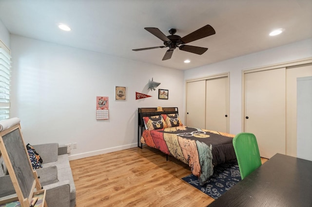 2460 W Browning Ave, Fresno, CA 93711 - bedroom featuring baseboards, a ceiling fan, light wood-type flooring, multiple closets, and recessed lighting