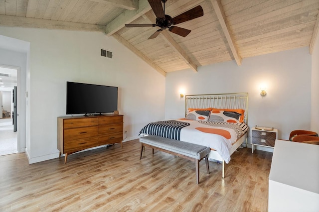 2460 W Browning Ave, Fresno, CA 93711 - bedroom with vaulted ceiling with beams, light wood-style flooring, wood ceiling, visible vents, and baseboards