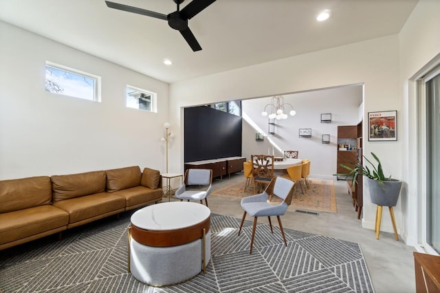 2460 W Browning Ave, Fresno, CA 93711 - living area with recessed lighting, visible vents, baseboards, and ceiling fan with notable chandelier