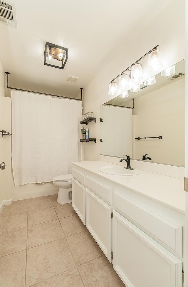 29039 Auberry Rd, Prather, CA 93651 - bathroom with tile patterned flooring, vanity, toilet, and shower / bath combination with curtain