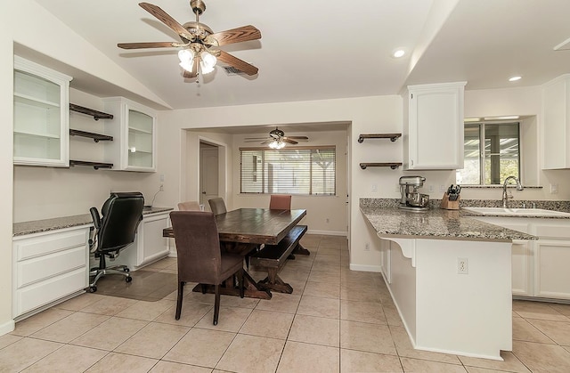 29039 Auberry Rd, Prather, CA 93651 - dining area featuring plenty of natural light, a ceiling fan, light tile patterned floors, lofted ceiling, and recessed lighting