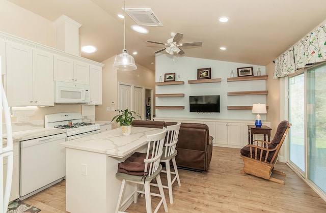 kitchen featuring white appliances, visible vents, light wood-style floors, white cabinetry, and open shelves