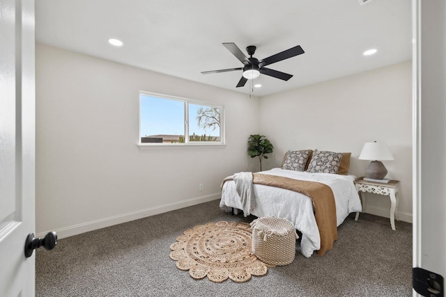 bedroom featuring carpet, baseboards, a ceiling fan, and recessed lighting