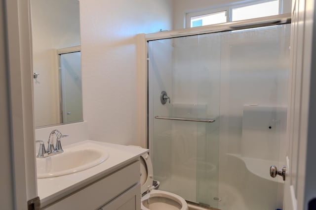 bathroom featuring toilet, a shower stall, and vanity