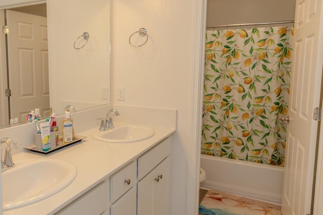 full bathroom with double vanity, a sink, and shower / bath combo with shower curtain