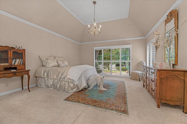 bedroom with light carpet, ornamental molding, vaulted ceiling, and a chandelier