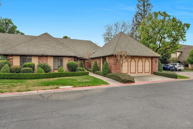 view of front facade featuring driveway, a shingled roof, an attached garage, a front lawn, and brick siding